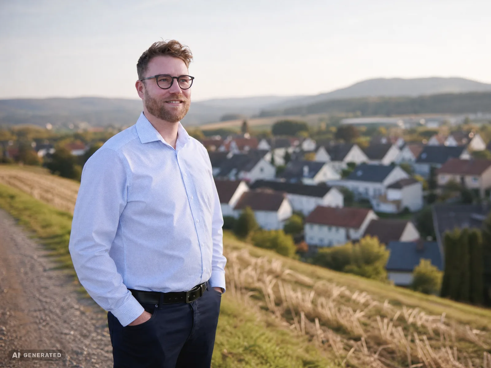 KI-generiertes Bild: Daniel Matzdorf steht an einem Feldweg oberhalb eines Wohngebiets mit Einfamilienhäusern und Gärten.