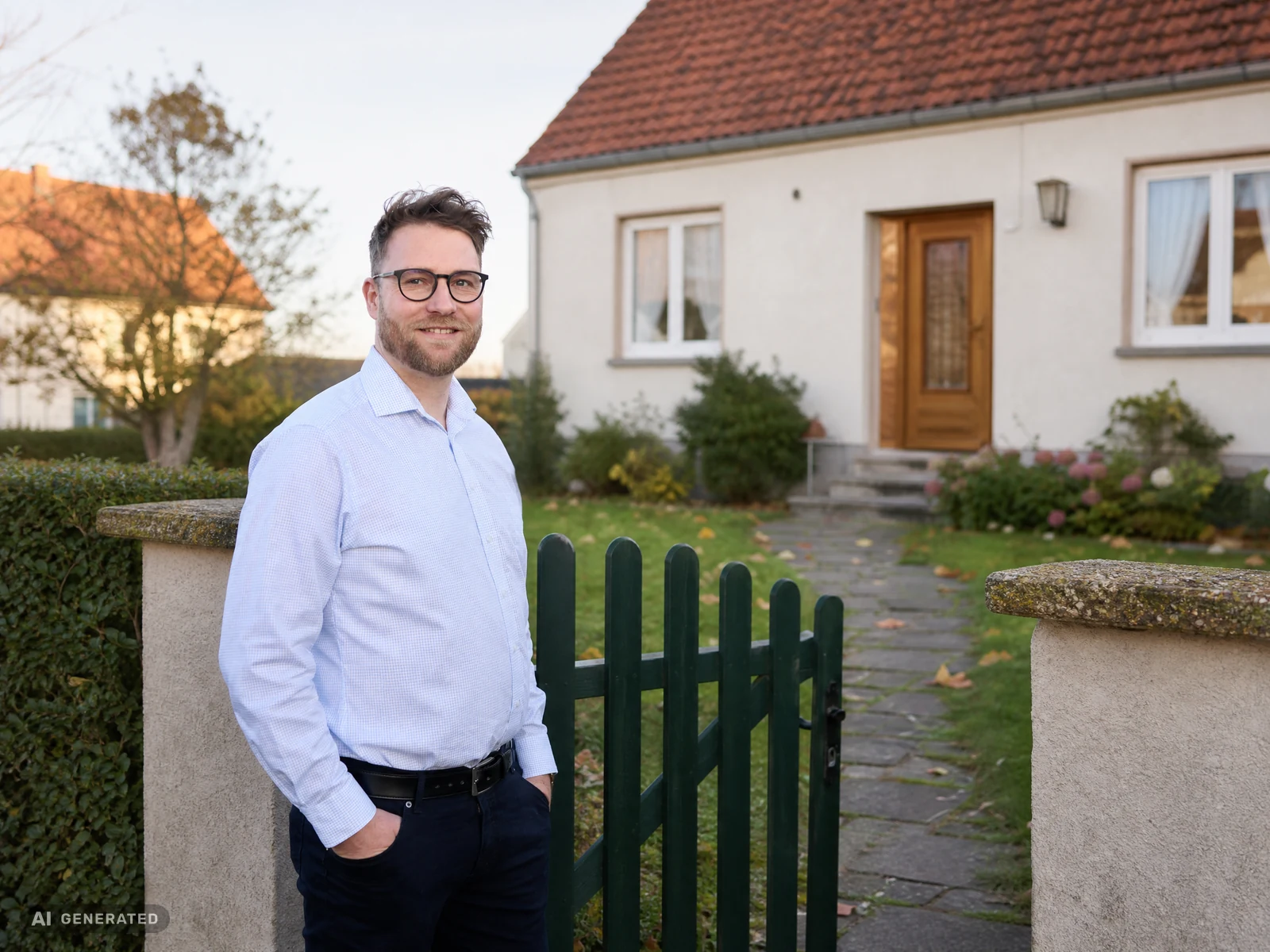 KI-generiertes Bild: Daniel Matzdorf vor einem Einfamilienhaus mit Vorgarten.