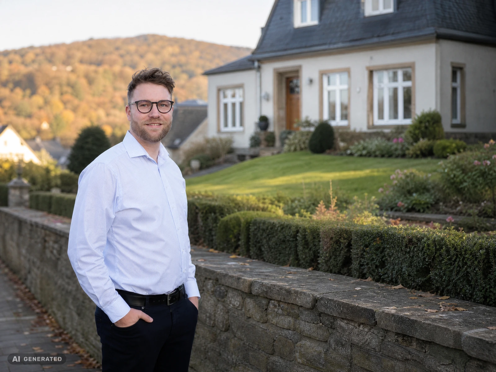 KI-generiertes Bild: Daniel Matzdorf vor einer Stadtvilla mit Garten.