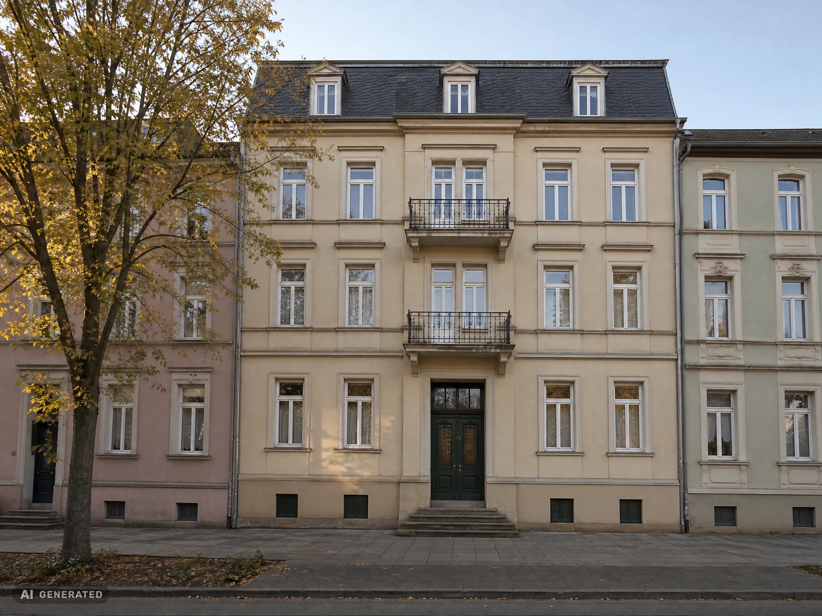 KI-generiertes Bild: ein dreigeschossiges Mehrfamilienhaus aus der Gründerzeit mit Mansarddach, heller Putzfassade und kleinen Balkonen, von der Straße aus gesehen.