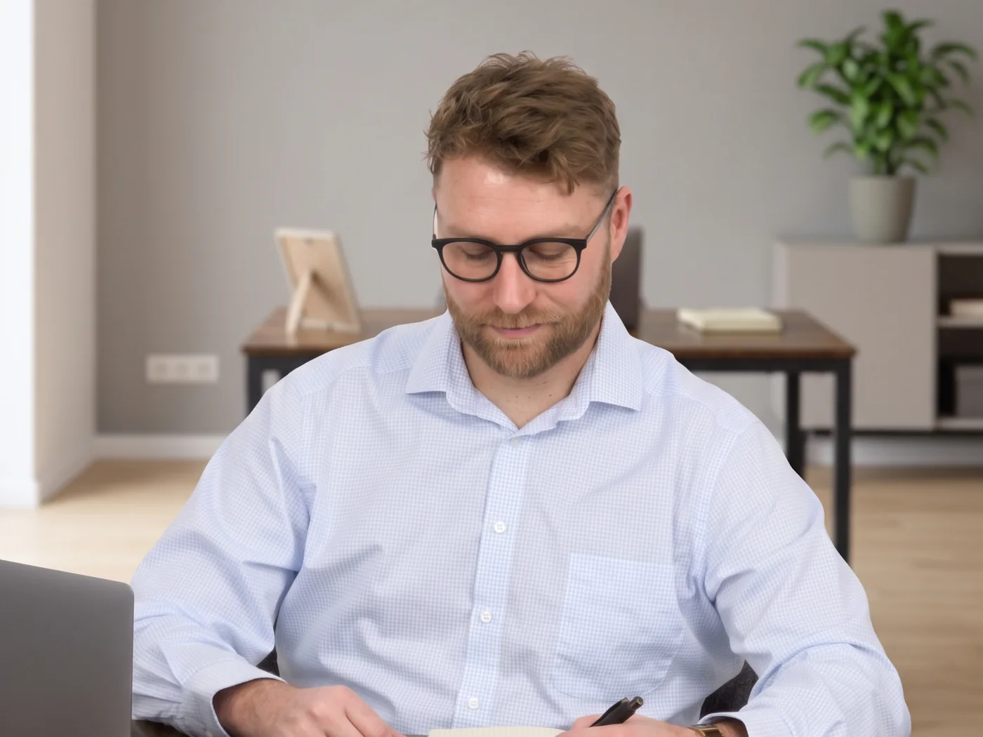 Daniel Matzdorf am Schreibtisch bei der Berechnung des Werts eines Hauses und eines Wohnungsrechts